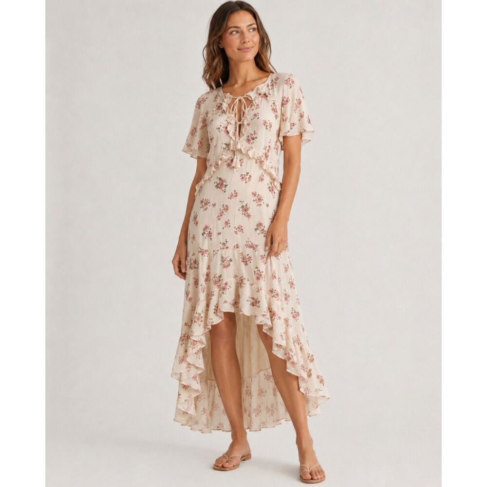 VICI Floral High Low Midi Dress XS Cream Romantic Boho Flutter Sleeve Tassel Tie